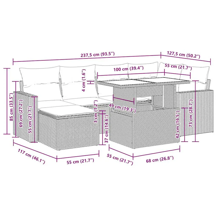 Salon de jardin 7 pcs avec coussins noir résine tressée 55 x 62 x 69 cm - 67,8 kg - 16