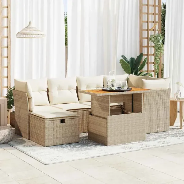 Salon de jardin avec coussins 7 pcs beige résine tressée acacia