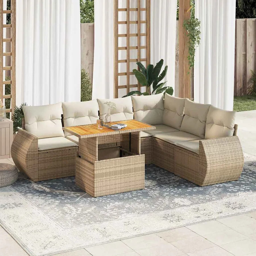 Salon de jardin avec coussins 7 pcs beige résine tressée