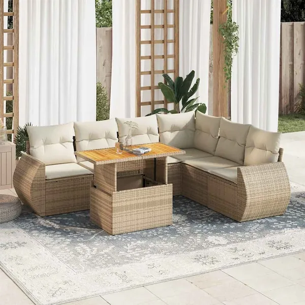 Salon de jardin avec coussins 7 pcs beige résine tressée