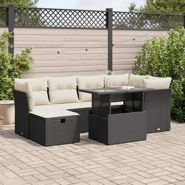 Salon de jardin 7 pcs avec coussins noir résine tressée 55 x 62 x 69 cm - 68,5 kg