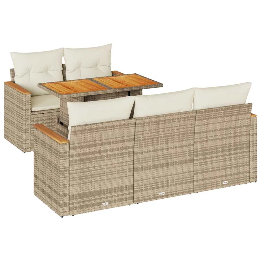 Salon de jardin 6 pcs avec coussins beige résine tressée acacia - 2