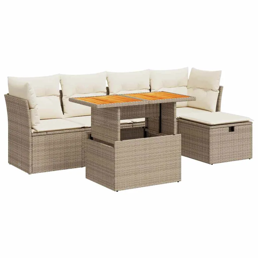 Salon de jardin 6 pcs avec coussins beige résine tressée acacia - 2