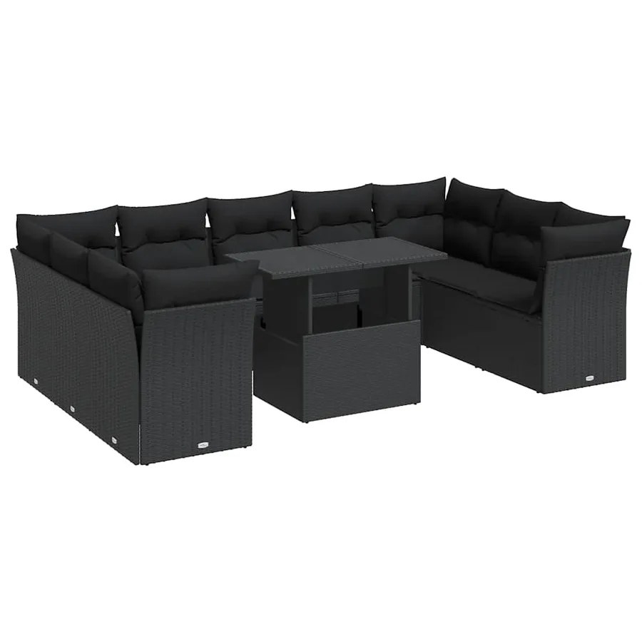 Salon de jardin 10 pcs avec coussins noir résine tressée - 2