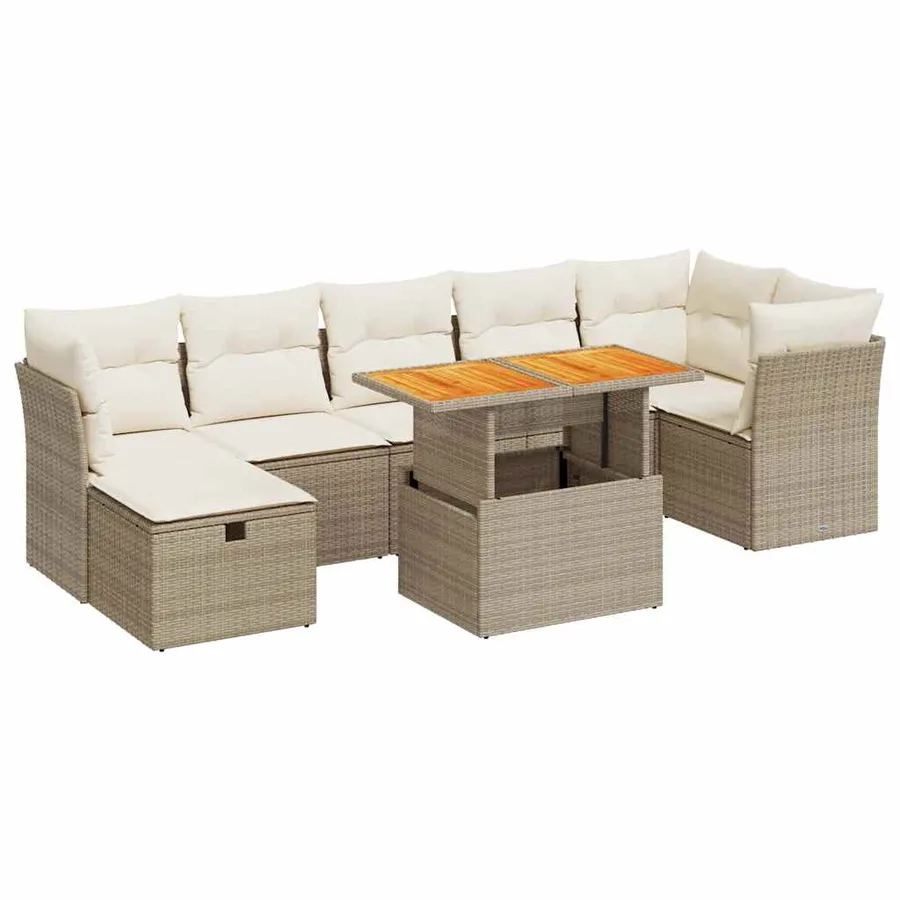 Salon de jardin avec coussins 8 pcs beige résine tressée acacia - 2