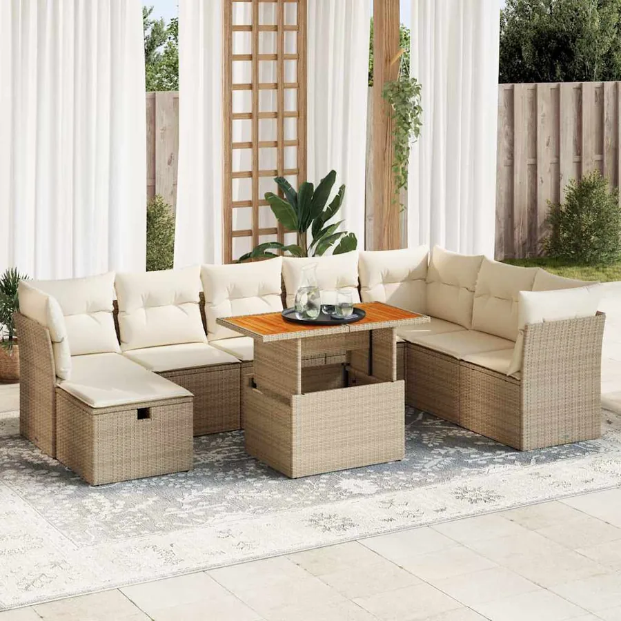 Salon de jardin avec coussins 9 pcs beige résine tressée acacia