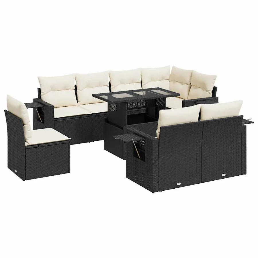 Salon de jardin 9 pcs avec coussins noir résine tressée - 2
