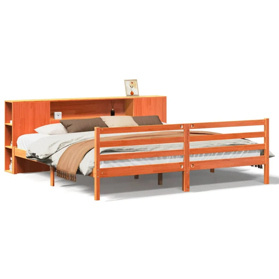 Lit bibliothèque sans matelas cire marron 200x200 cm pin massif - 2