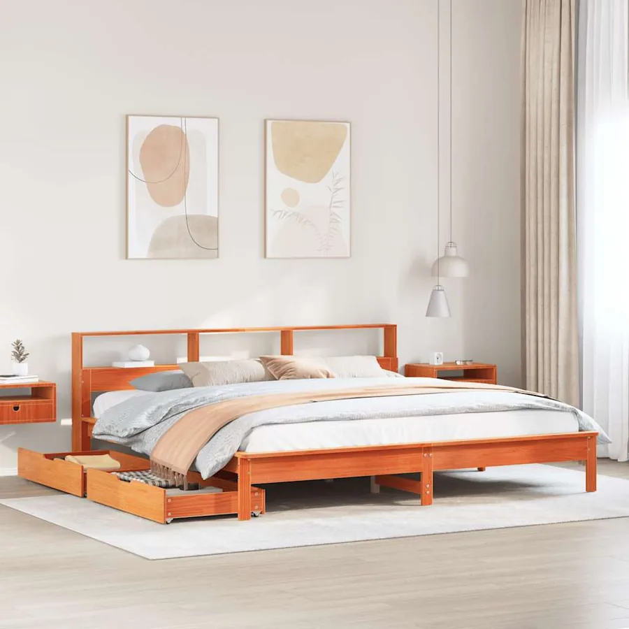 Lit bibliothèque sans matelas cire marron 200x200 cm pin massif