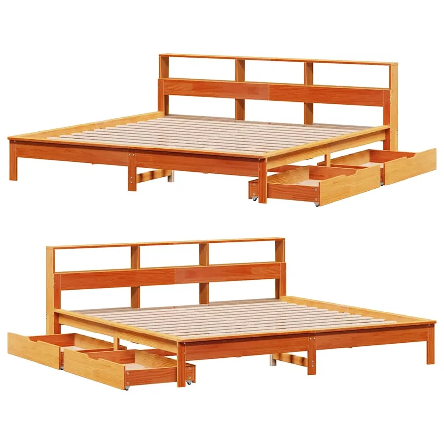 Lit bibliothèque sans matelas cire marron 200x200 cm pin massif - 9