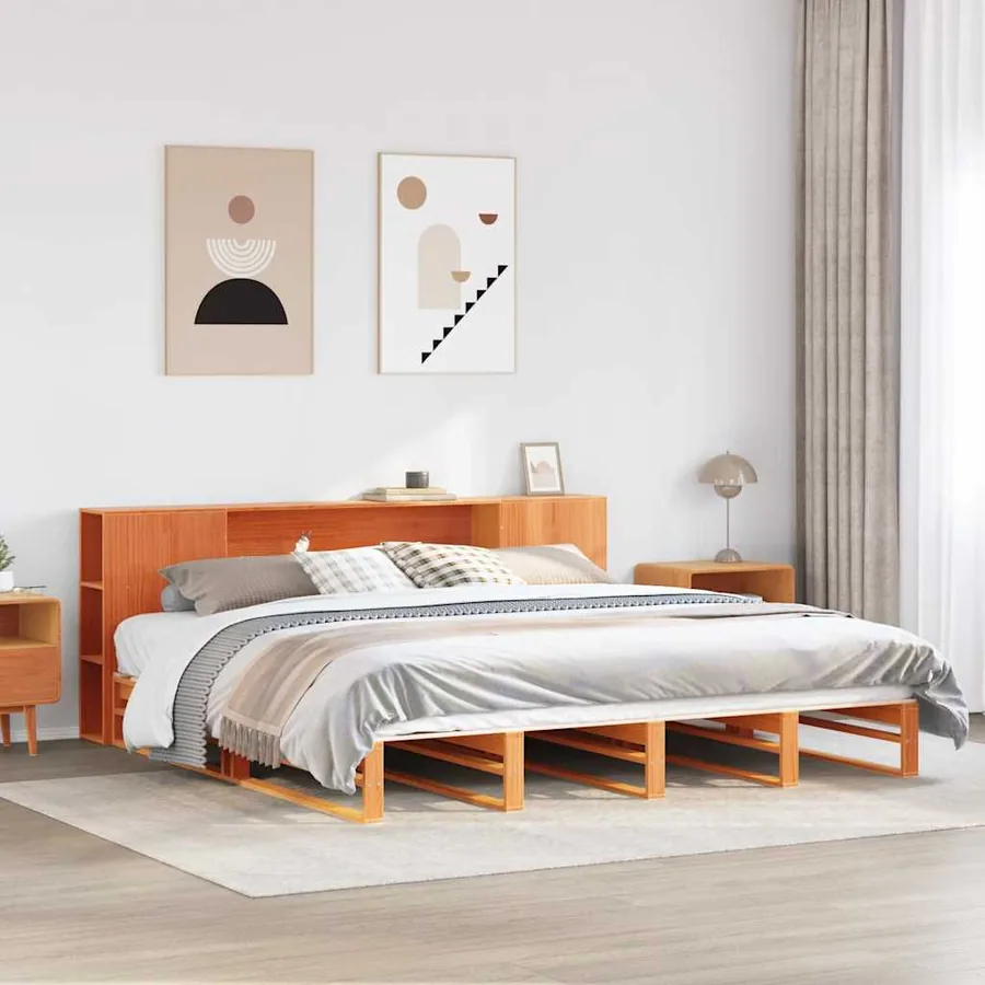 Lit bibliothèque sans matelas cire marron 200x200cm bois massif