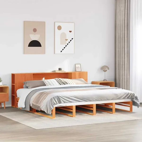 Lit bibliothèque sans matelas cire marron 200x200cm bois massif