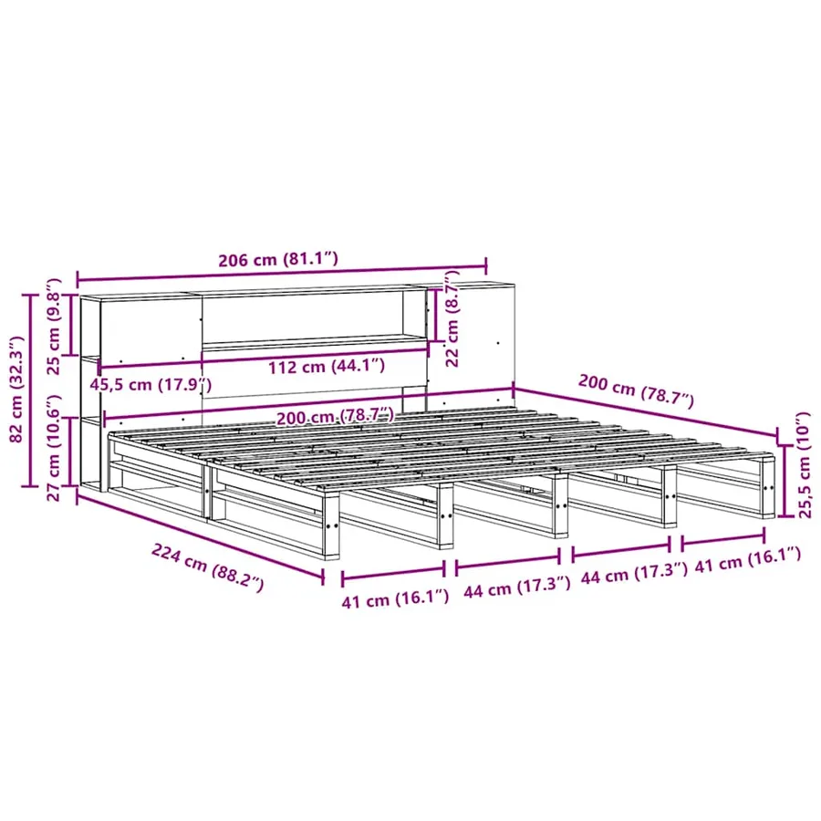 Lit bibliothèque sans matelas cire marron 200x200cm bois massif - 12