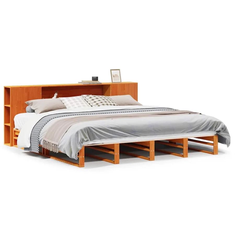 Lit bibliothèque sans matelas cire marron 200x200cm bois massif - 2