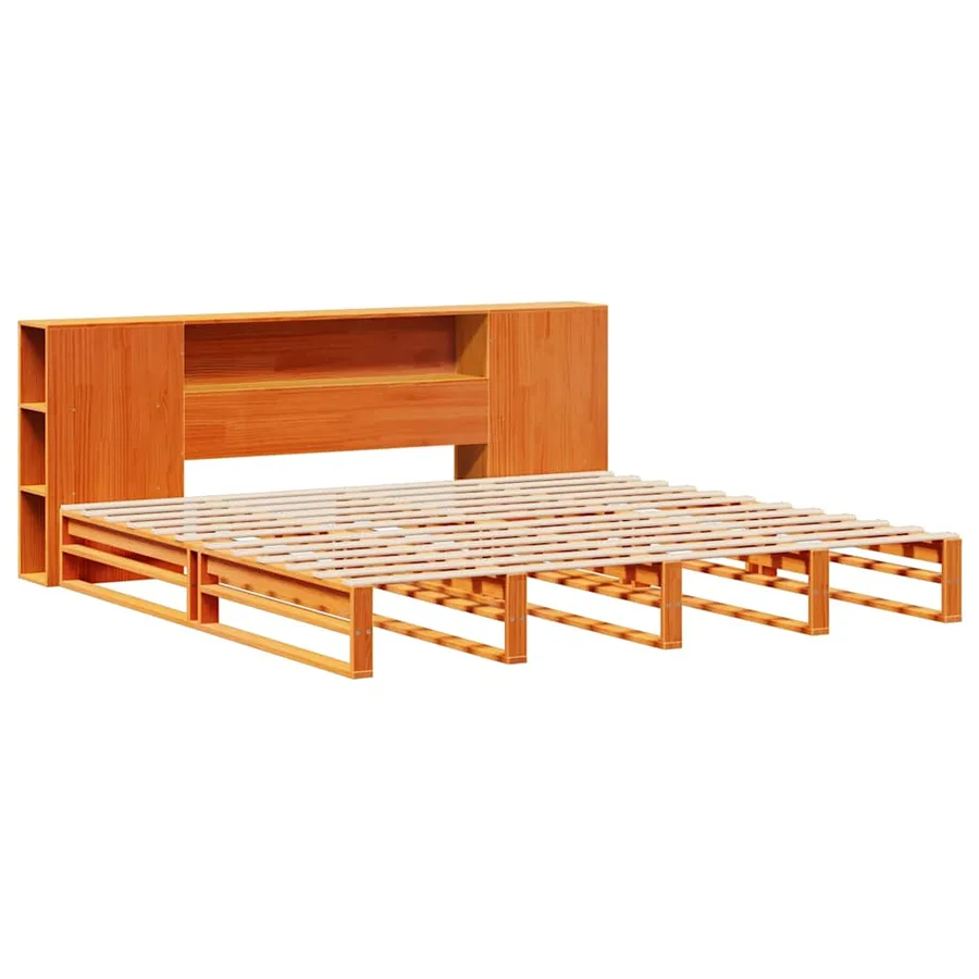 Lit bibliothèque sans matelas cire marron 200x200cm bois massif - 3