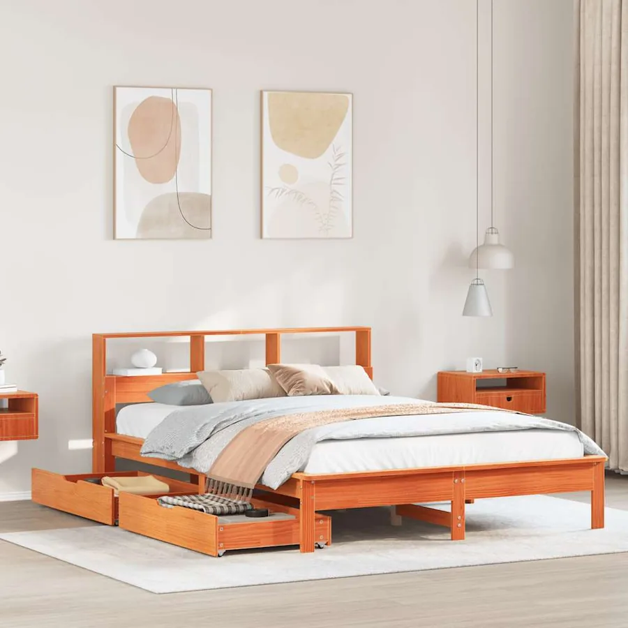Lit bibliothèque sans matelas cire marron 120x200 cm pin massif