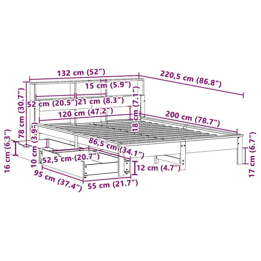 Lit bibliothèque sans matelas cire marron 120x200 cm pin massif - 12