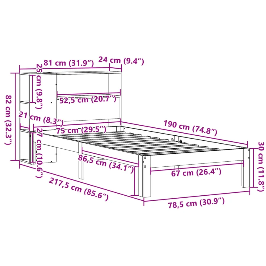 Lit bibliothèque sans matelas 75x190 cm bois de pin massif - 11