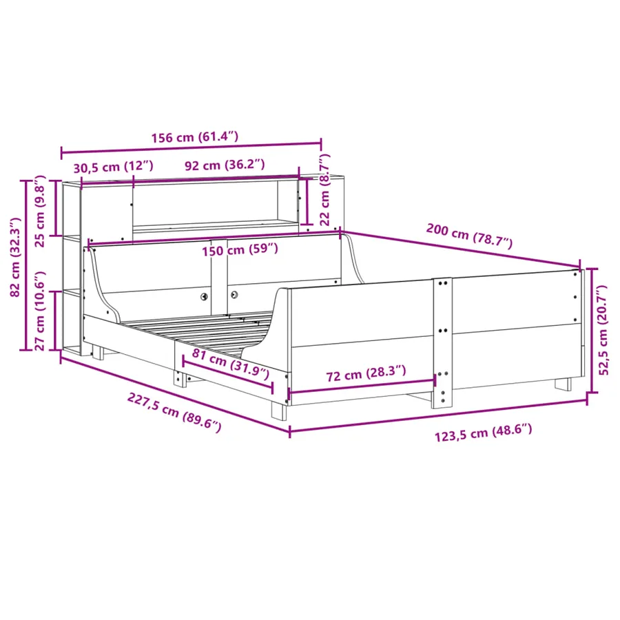 Cadre de lit sans matelas blanc 150x200 cm bois de pin massif - 12