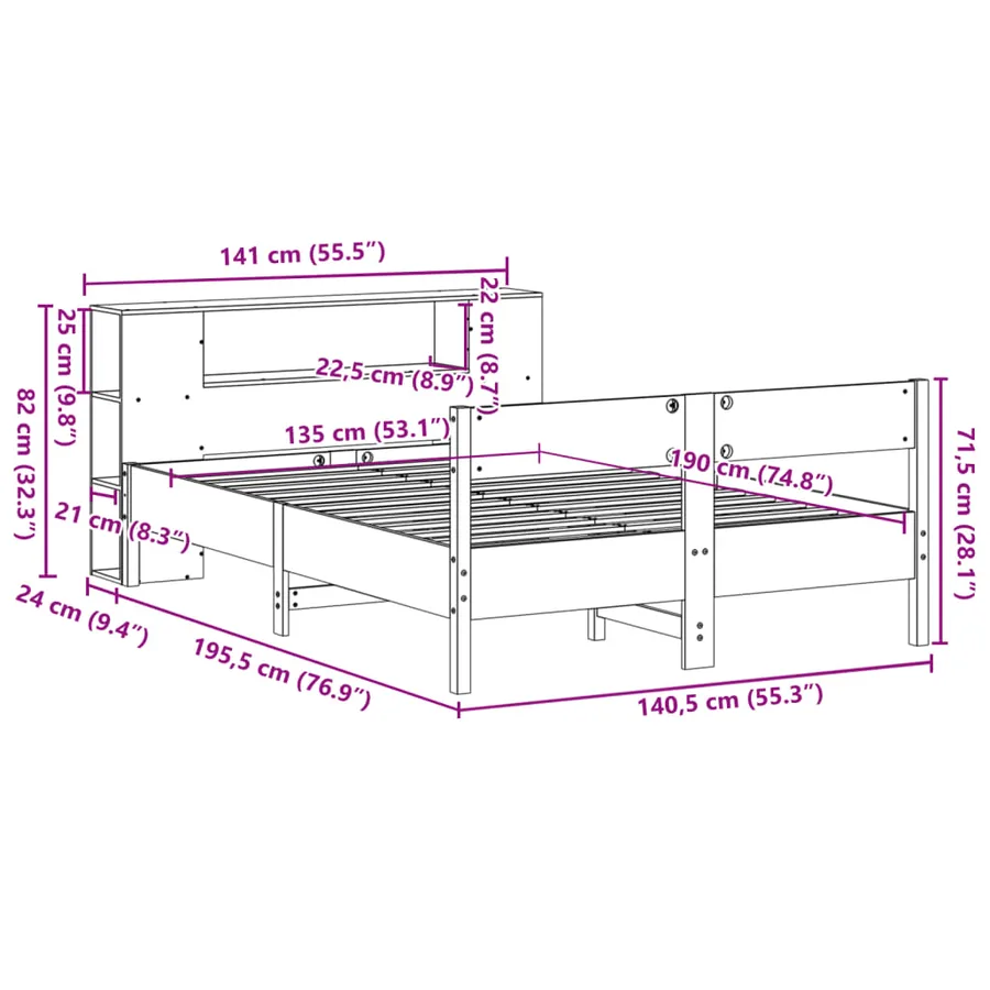Lit bibliothèque sans matelas 135x190 cm bois de pin massif - 12