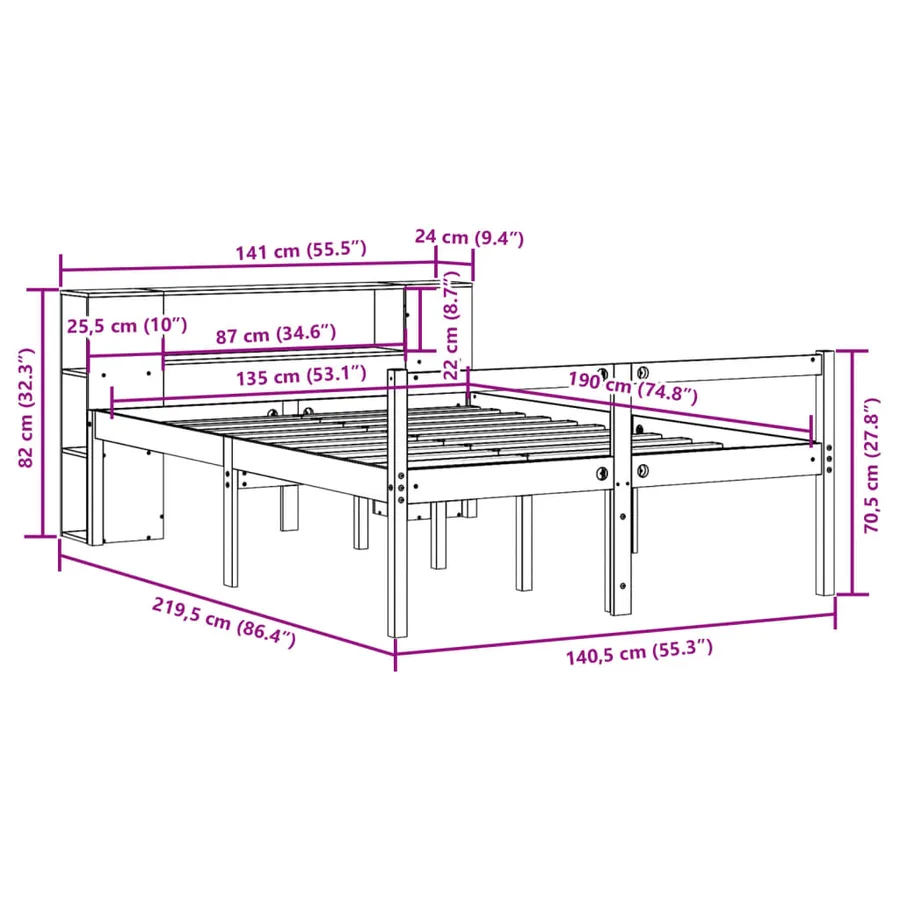 Lit bibliothèque sans matelas 135x190 cm bois de pin massif - 12