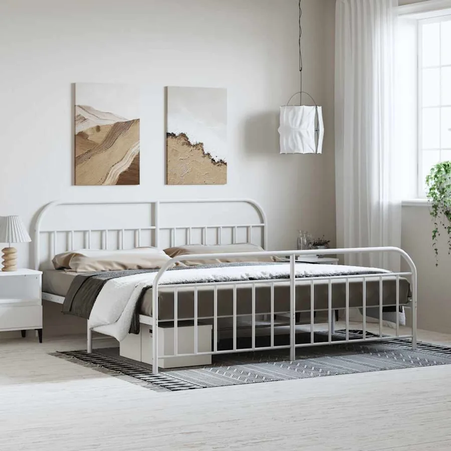 Cadre de lit métal sans matelas et pied de lit blanc 193x203 cm