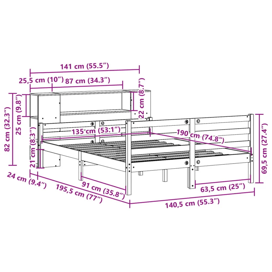 Lit bibliothèque sans matelas 135x190 cm bois de pin massif - 11