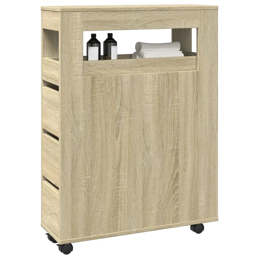 Meuble étroit de salle de bain à roulettes chêne sonoma