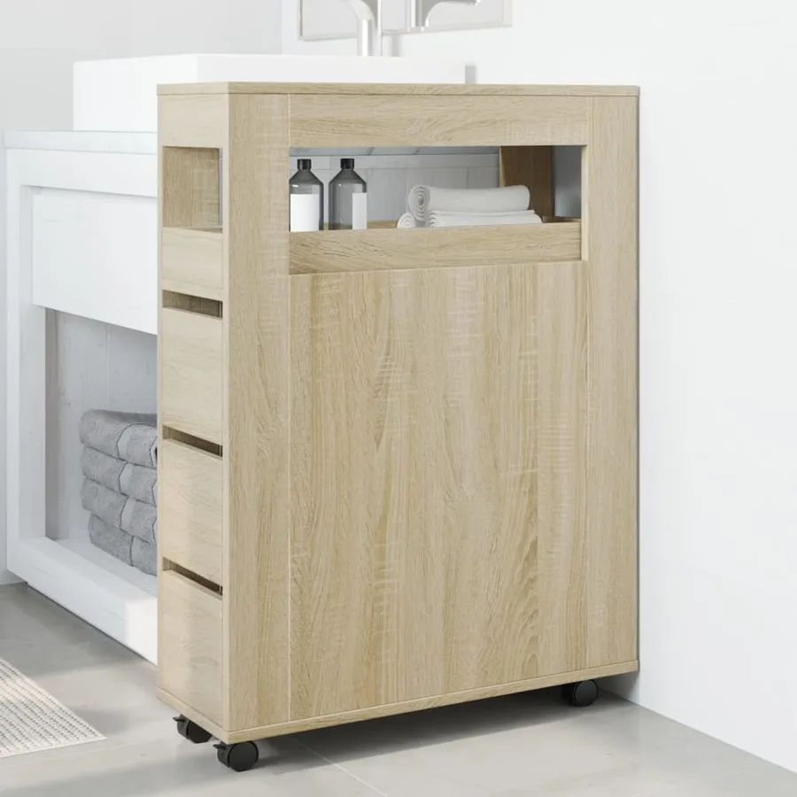 Meuble étroit de salle de bain à roulettes chêne sonoma - 3