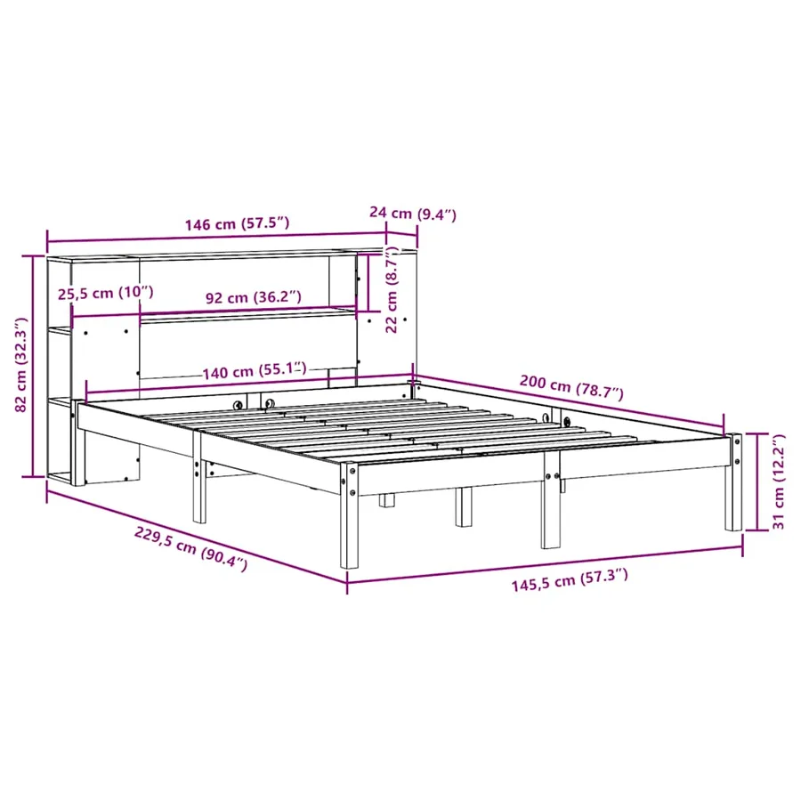 Lit bibliothèque sans matelas cire marron 140x200 cm pin massif - 12