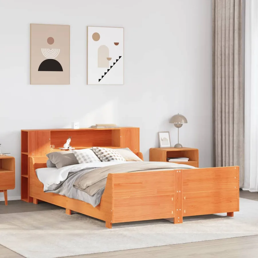 Cadre de lit sans matelas cire marron 135x190cm bois pin massif