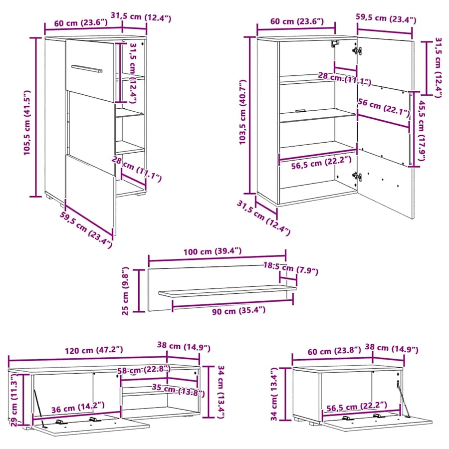 Meubles TV avec lumière LED 5 pcs noir mat bois d'ingénierie - 14