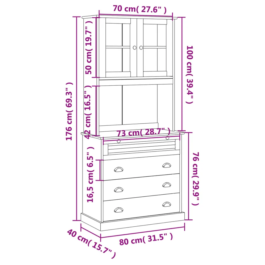 Buffet haut VIGO blanc 80x40x176 cm bois massif de pin - 12