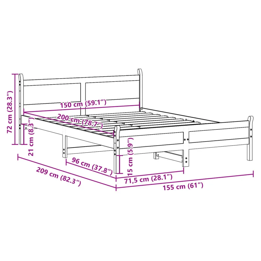 Cadre de lit sans matelas 150x200 cm bois de pin massif - 9