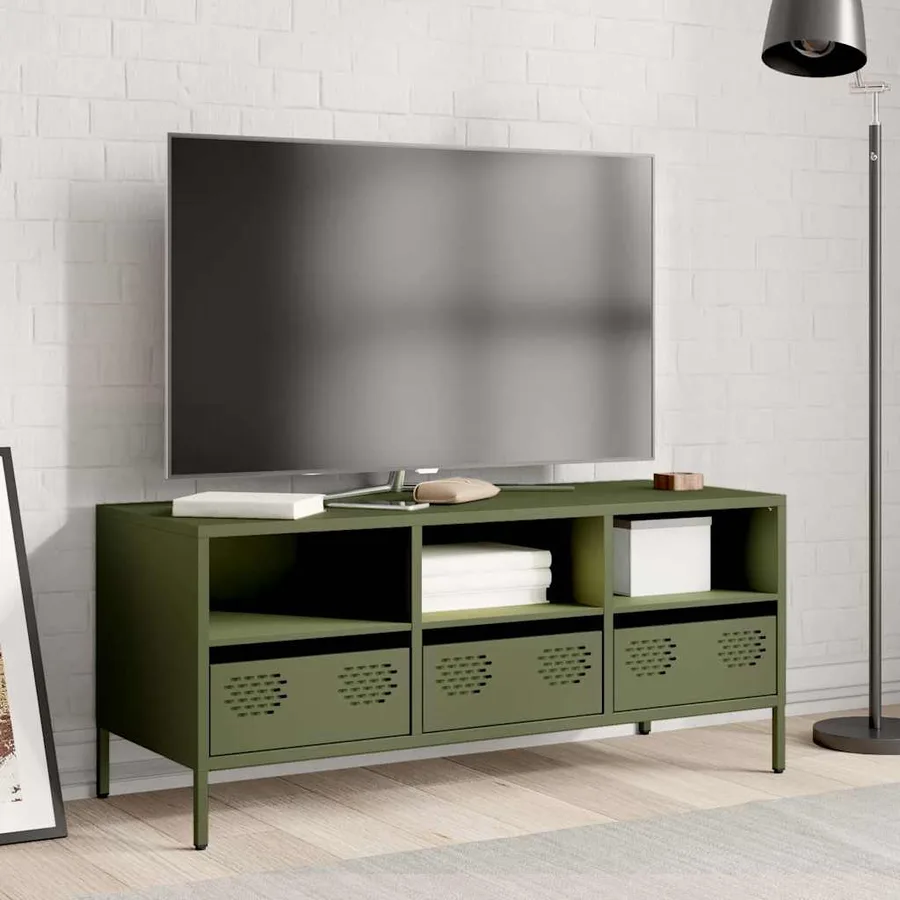 Meuble TV vert olive 101,5x39x43,5 cm acier laminé à froid - 3