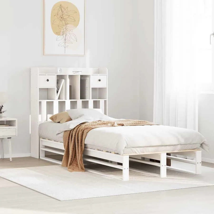 Lit bibliothèque sans matelas blanc 90x200cm bois de pin massif