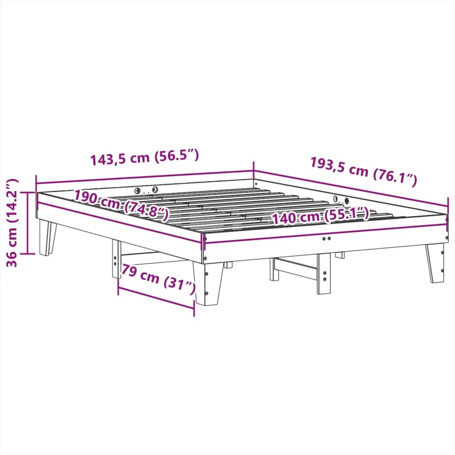 Cadre de lit sans matelas blanc 140x190 cm bois de pin massif - 9