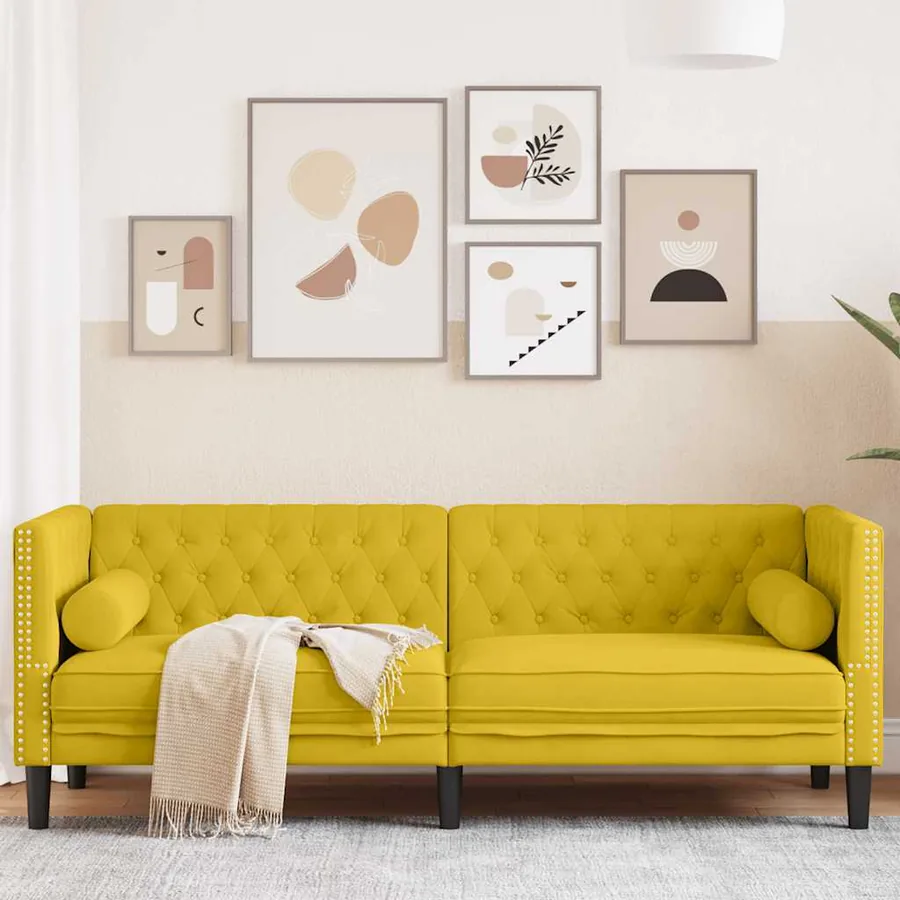 Canapé Chesterfield avec traversins 3 places jaune velours