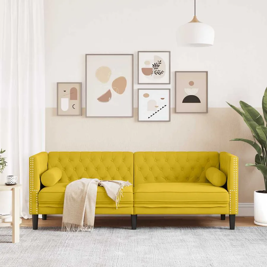 Canapé Chesterfield avec traversins 3 places jaune velours - 3