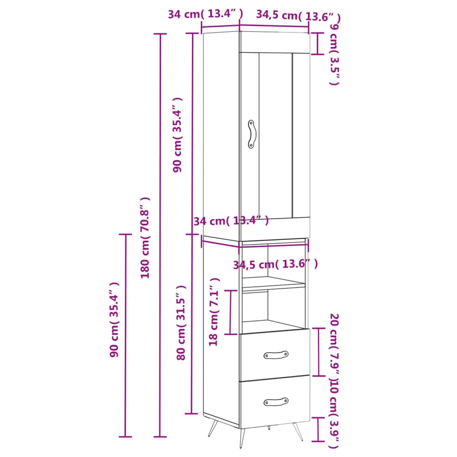 Buffet haut Gris béton 34,5x34x180 cm Bois d'ingénierie - 14