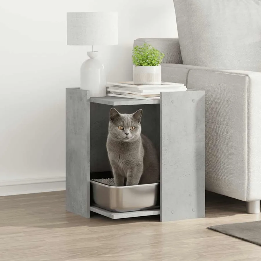 Meuble de bac à litière pour chat gris béton bois d'ingénierie