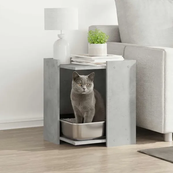 Meuble de bac à litière pour chat gris béton bois d'ingénierie
