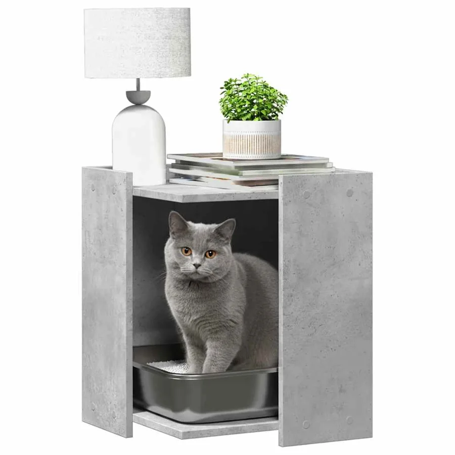 Meuble de bac à litière pour chat gris béton bois d'ingénierie - 3