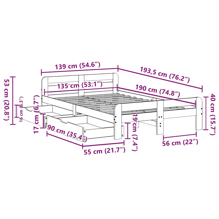 Cadre de lit sans matelas blanc 135x190 cm bois de pin massif - 12
