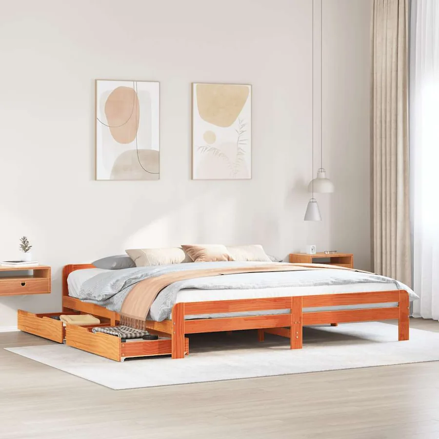 Cadre de lit sans matelas cire marron 200x200cm bois pin massif