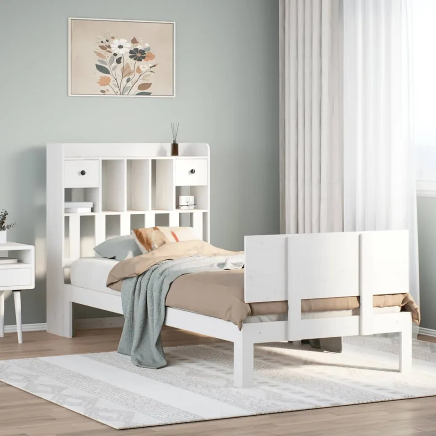 Lit bibliothèque sans matelas blanc 90x200cm bois de pin massif