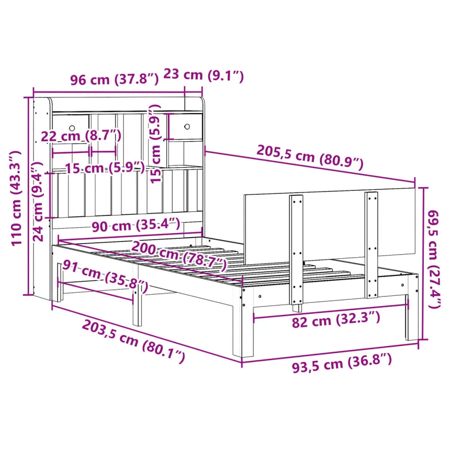 Lit bibliothèque sans matelas blanc 90x200cm bois de pin massif - 11
