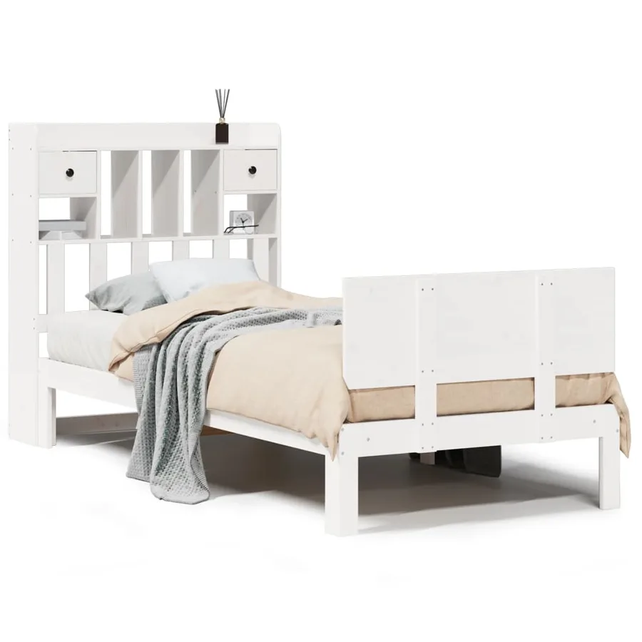 Lit bibliothèque sans matelas blanc 90x200cm bois de pin massif - 2