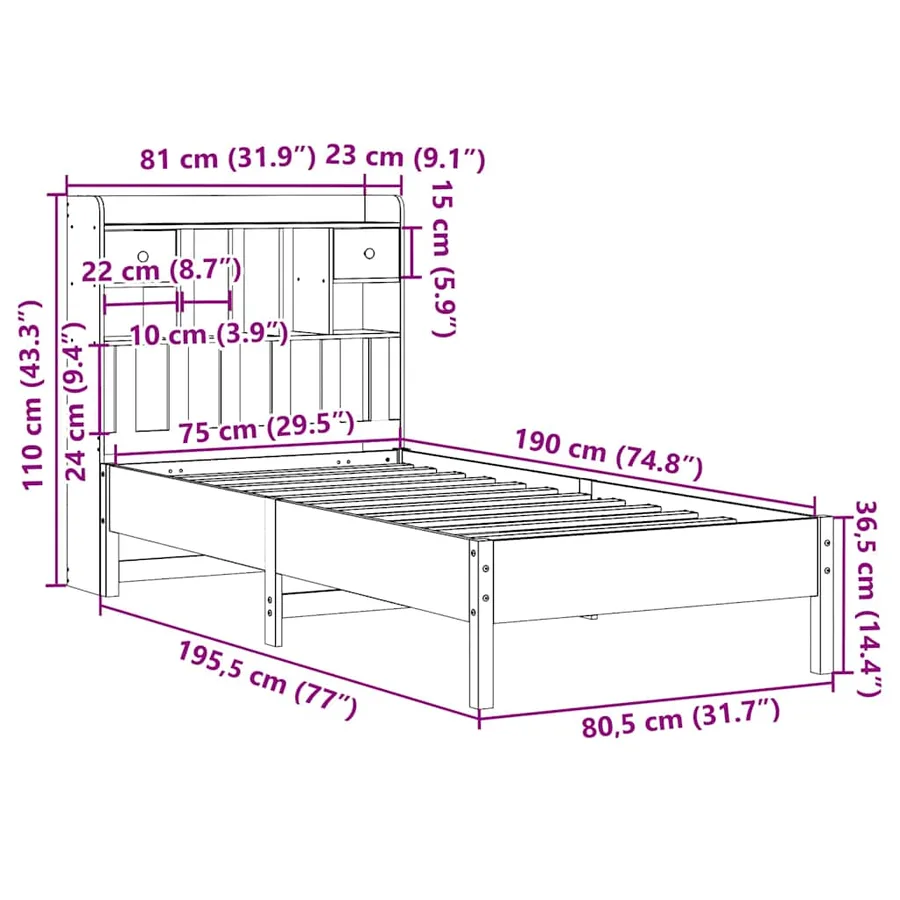 Lit bibliothèque sans matelas blanc 75x190cm bois de pin massif - 11