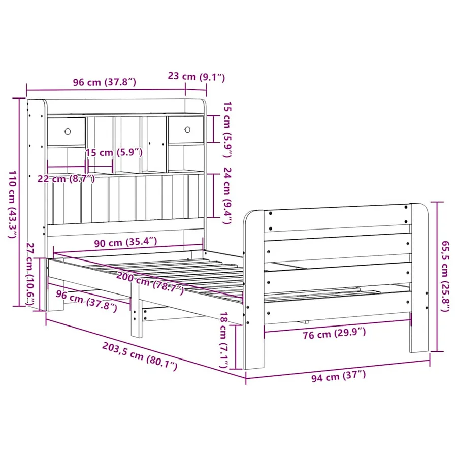 Lit bibliothèque sans matelas 90x200 cm bois de pin massif - 11